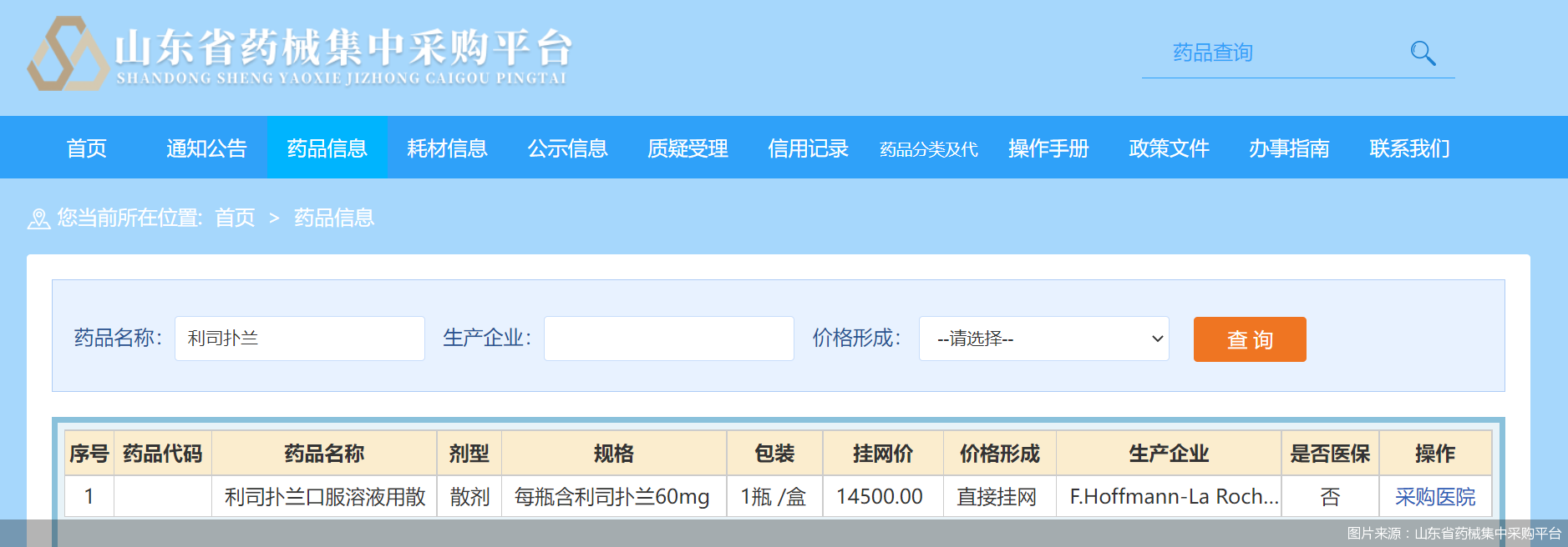 图片来源：山东省药械集中采购平台