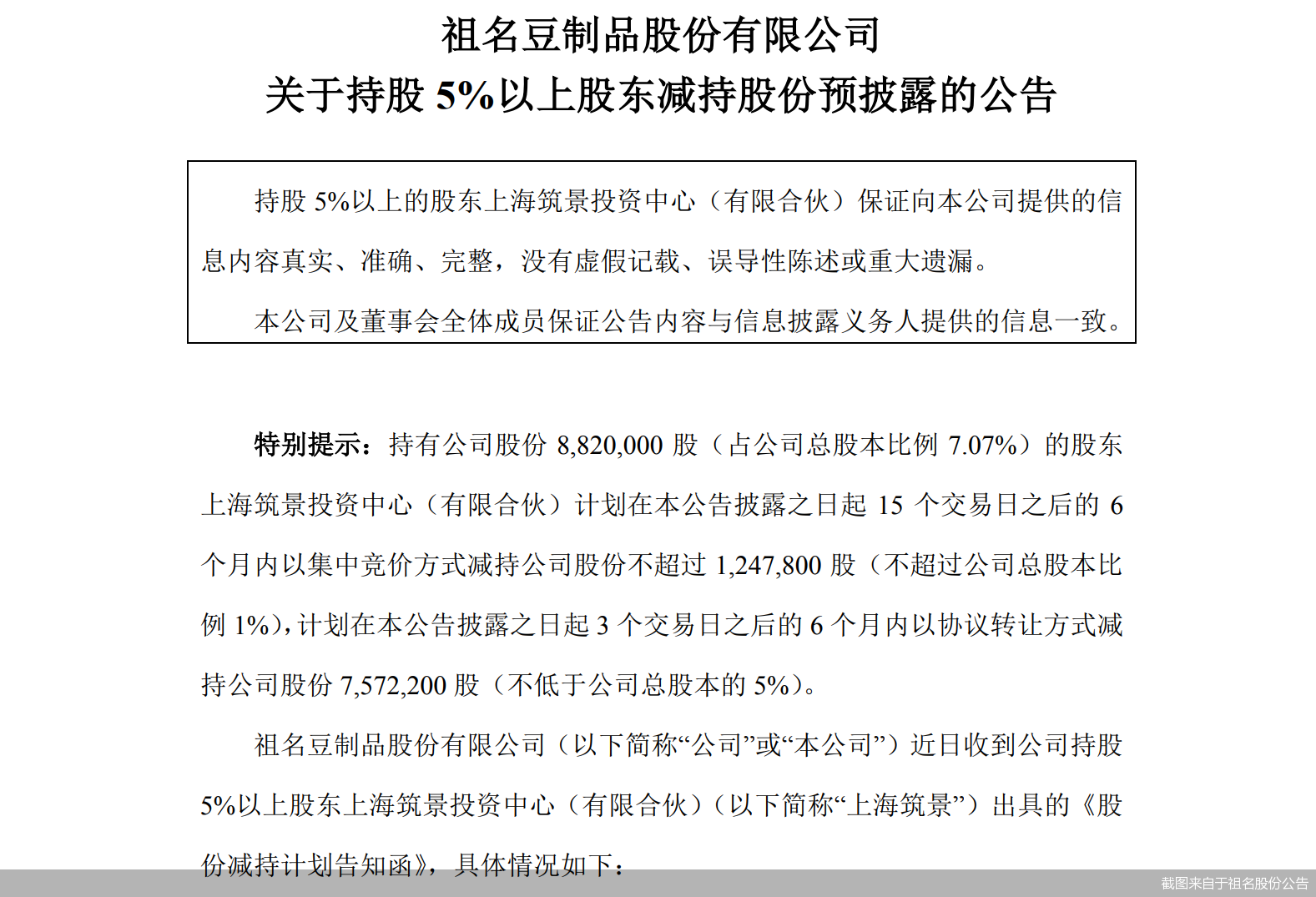 祖名股份股东上海筑景拟清仓式减持