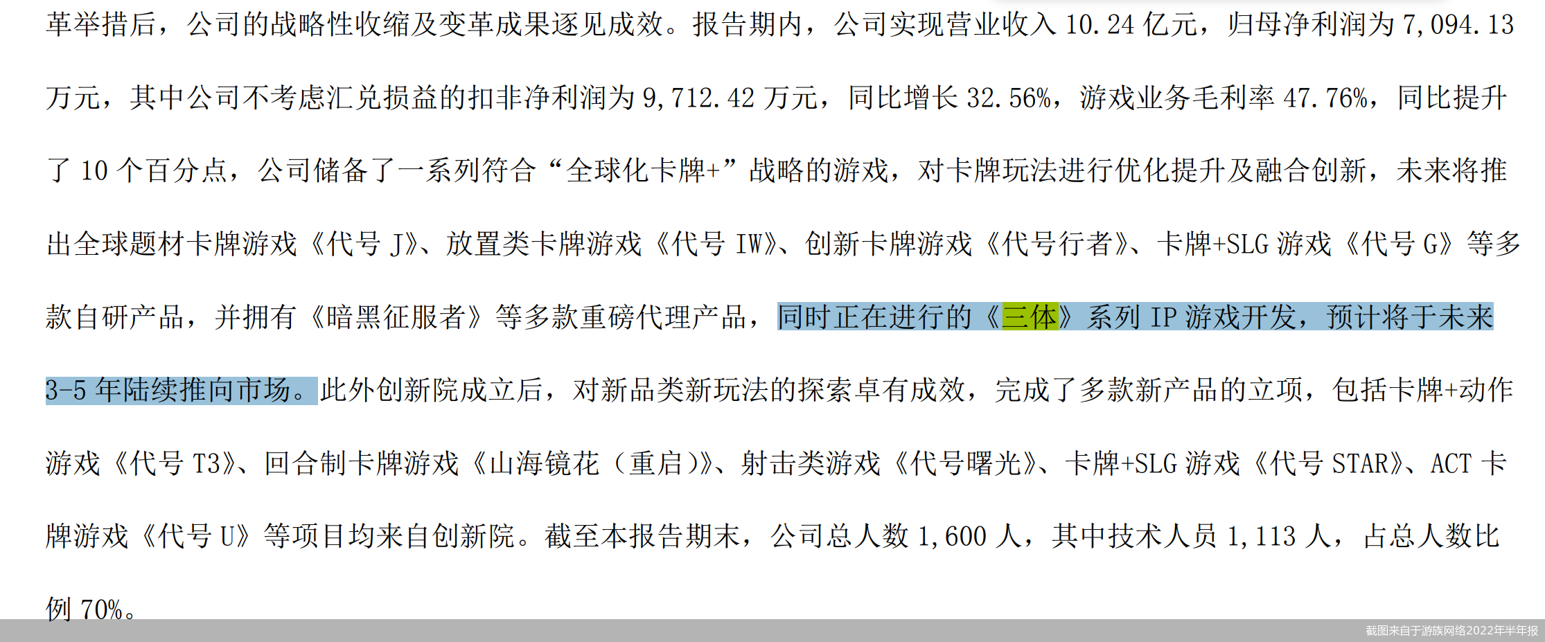 截图来自于游族网络2022年半年报