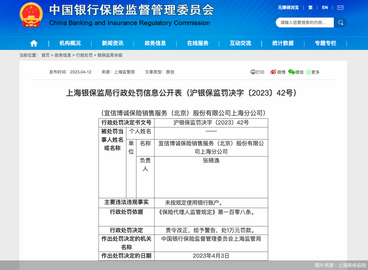 因未按规定使用银行账户，宜信博诚保险销售服务（北京）公司上海分公司合计被罚2万元