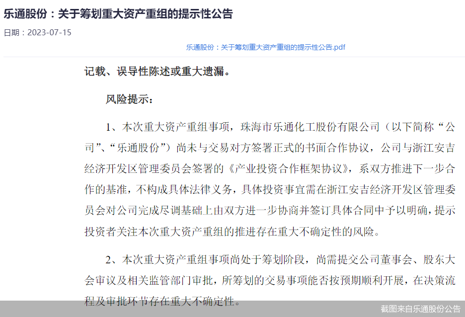 截图来自乐通股份公告