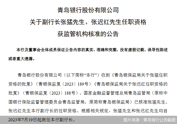 图片来源：青岛银行公告截图