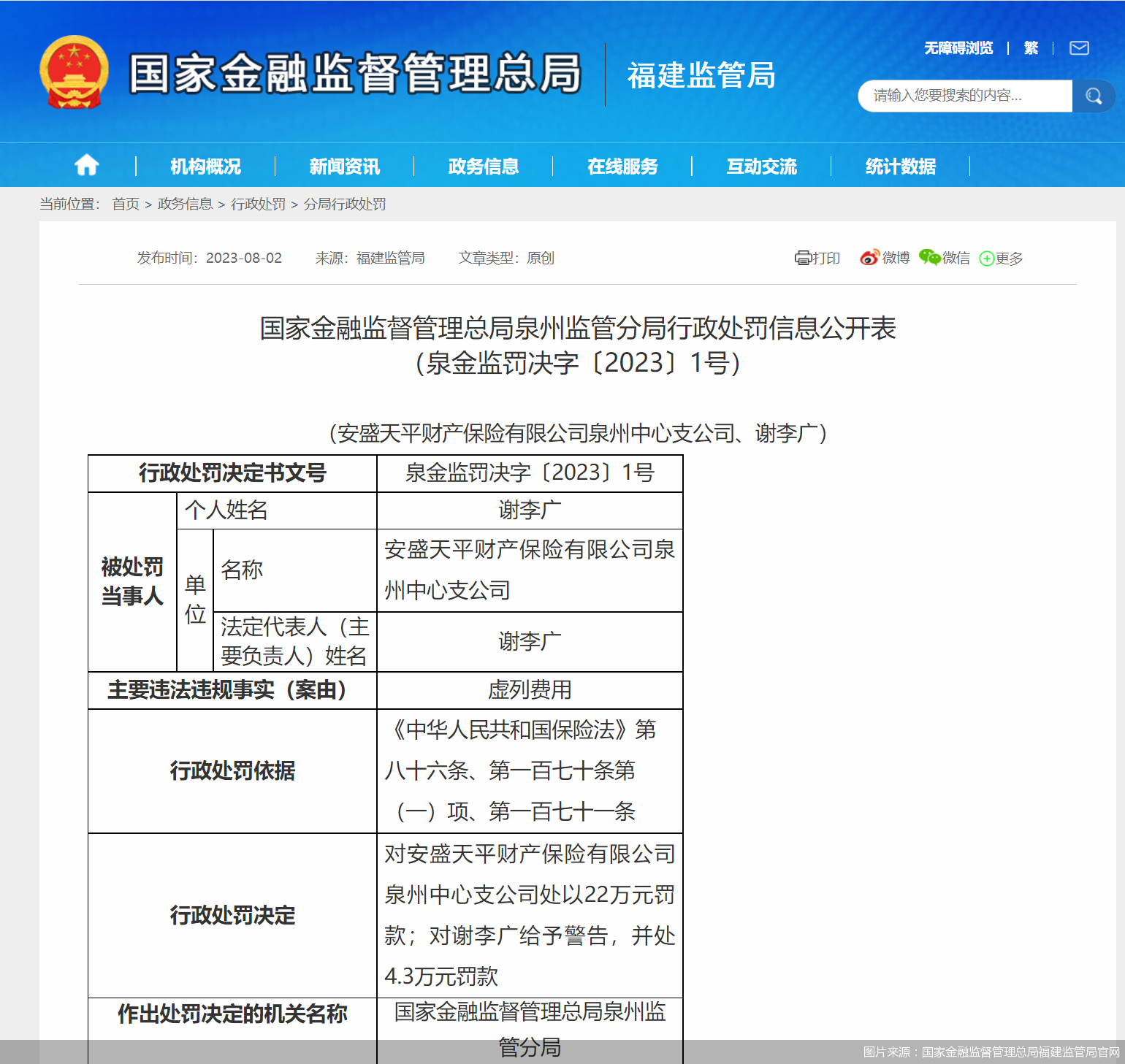 图片来源：国家金融监督管理总局福建监管局官网