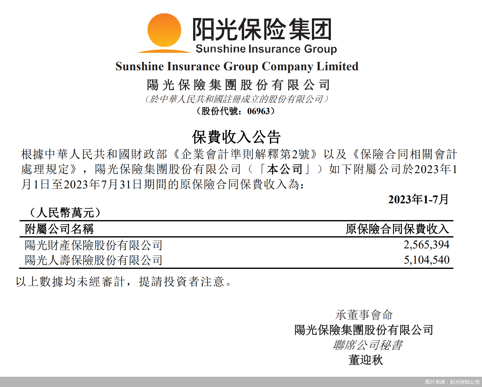图片来源：阳光保险公告