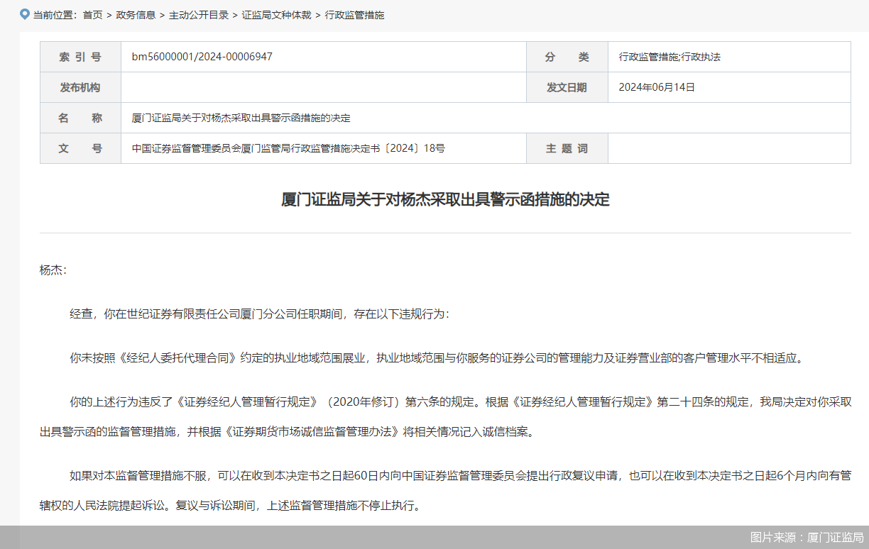 因执业过程中存违规行为一证券从业人员被厦门证监局警示