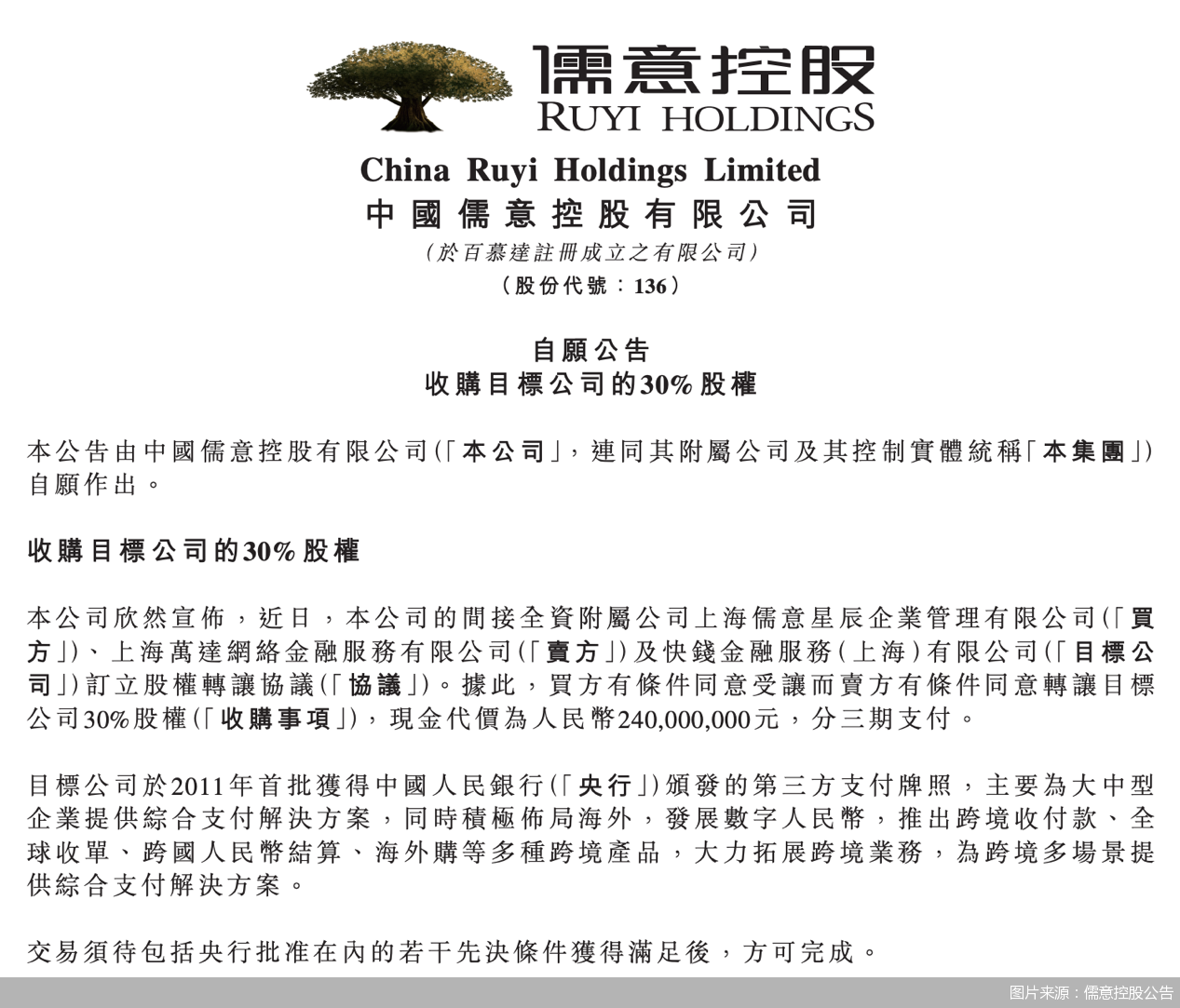 图片来源：儒意控股公告