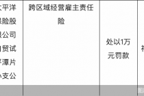 跨区域经营雇主责任险，太保产险福建自贸试验区平潭片区中支被罚1万元