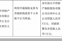 涉一项违规，太保产险台州中心支公司合计被罚6万元