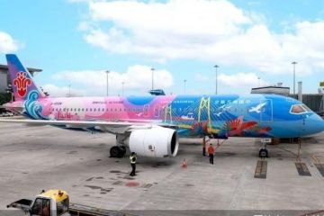 国内首架C919十五运会主题彩绘飞机首航