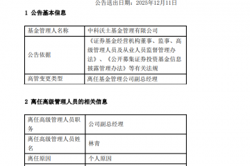 中科沃土基金副总经理林青因个人原因离任