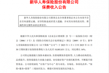 新华保险：前11月累计原保险保费收入同比增长16%
