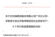 因多项违规，先锋期货广州分公司被监管暂停期货经纪业务新开户6个月