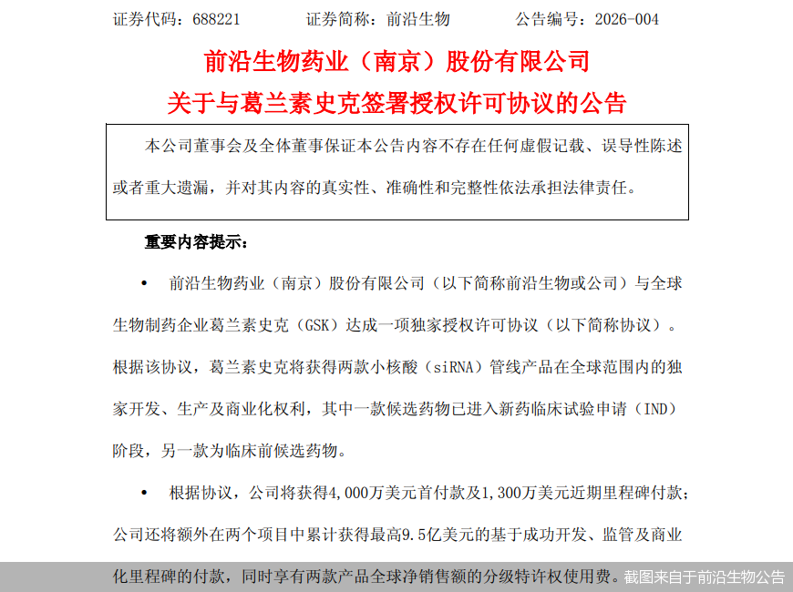 截图来自于前沿生物公告
