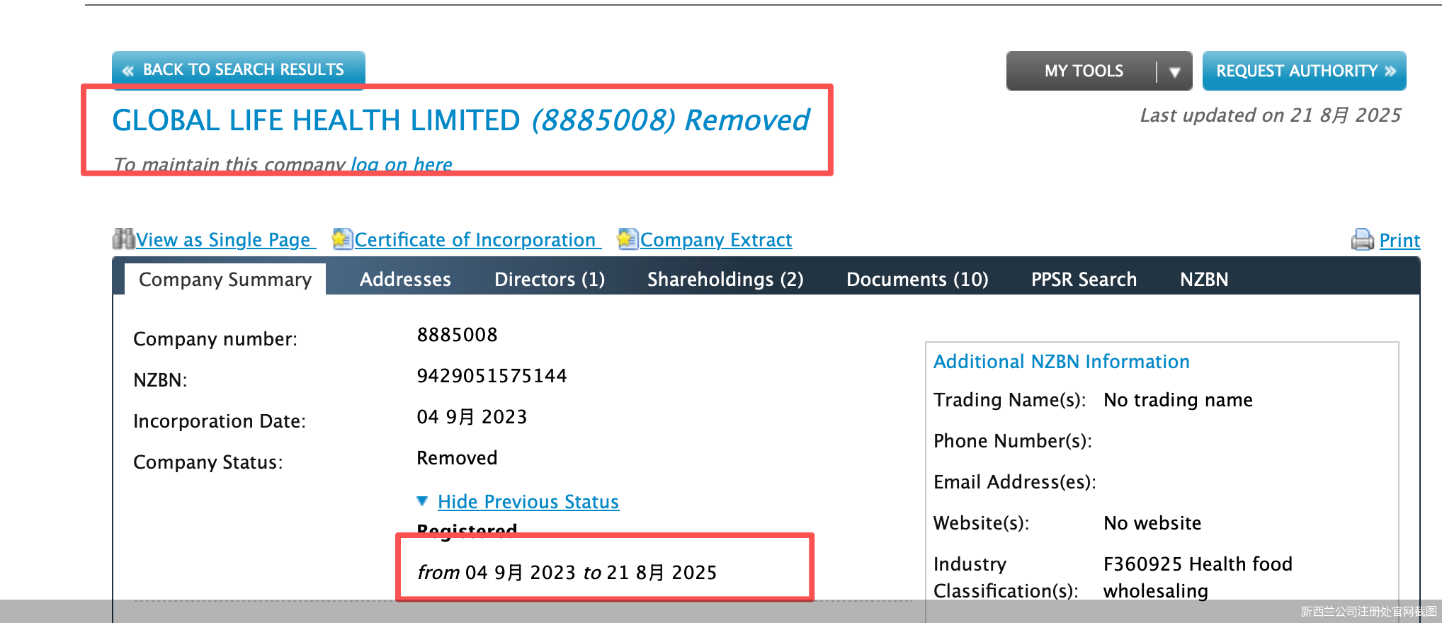 新西兰公司注册处官网截图