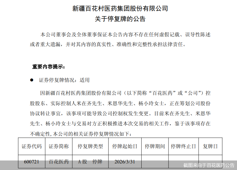 截图来自于百花医药公告