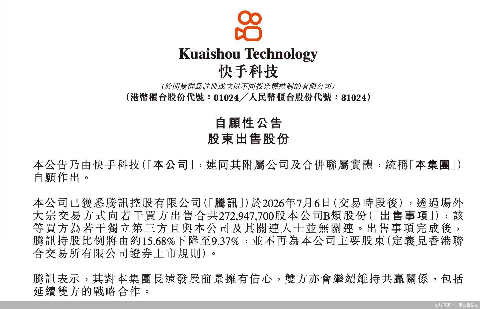 图片来源:快手公告截图