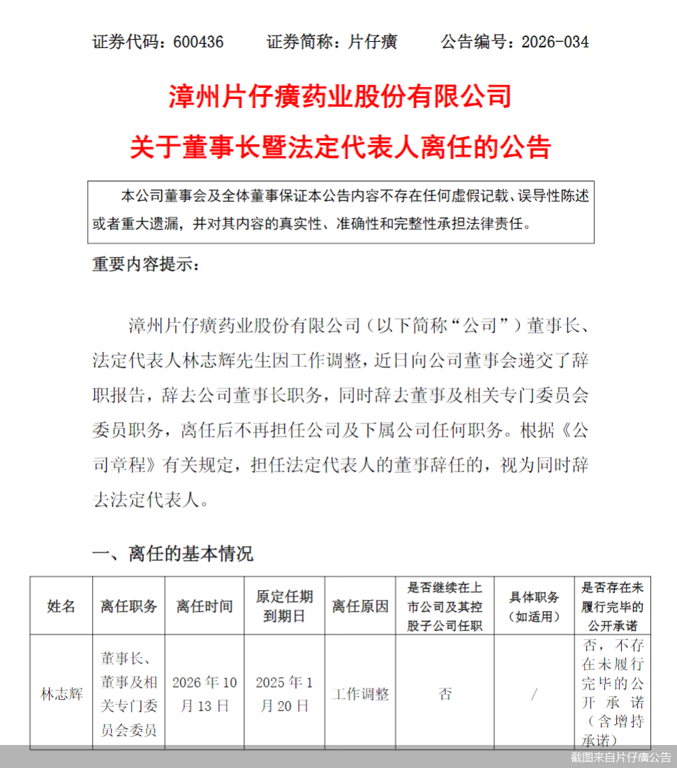 截图来自片仔癀公告